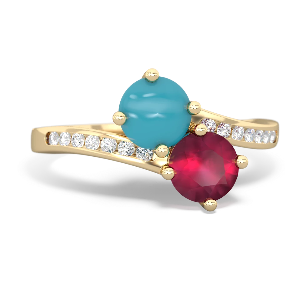 Turquoise Channel Set Two Stone 14K Yellow Gold ring R5303