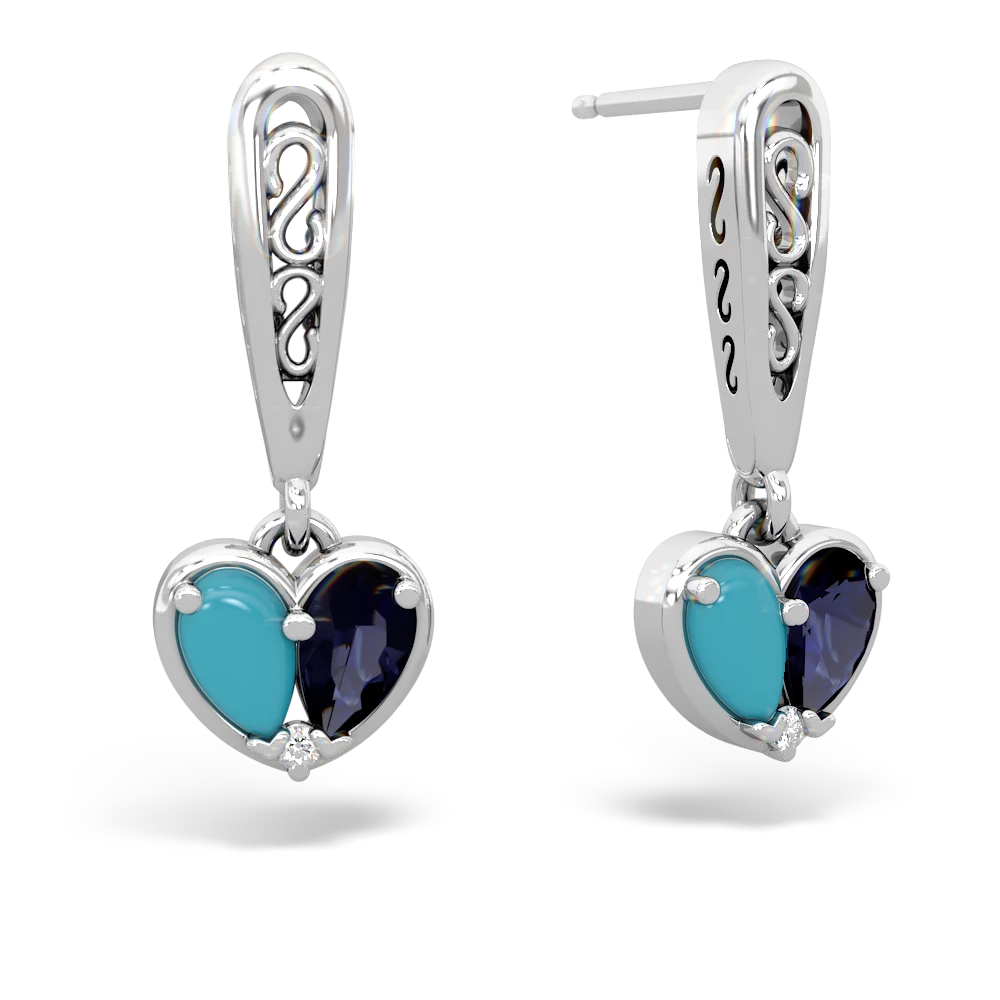 Turquoise Filligree Heart 14K White Gold earrings E5070