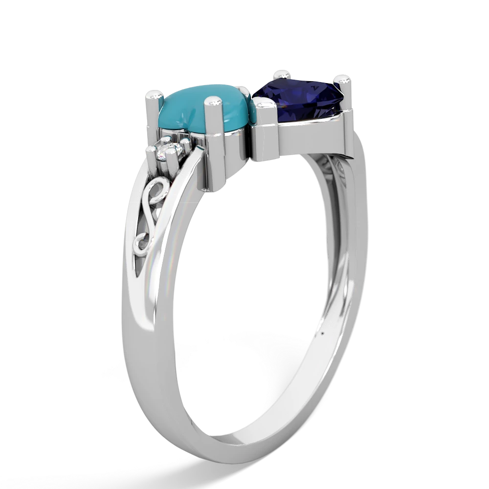 Turquoise Snuggling Hearts 14K White Gold ring R2178