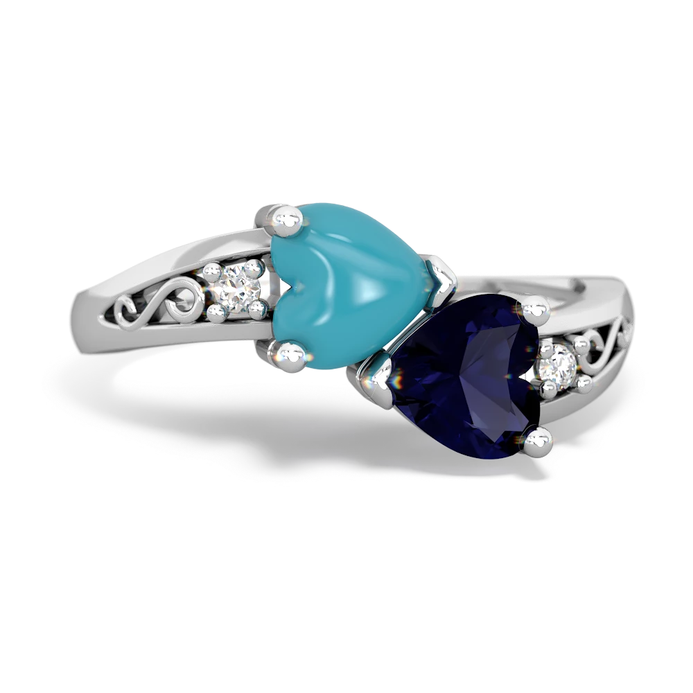 Turquoise Snuggling Hearts 14K White Gold ring R2178