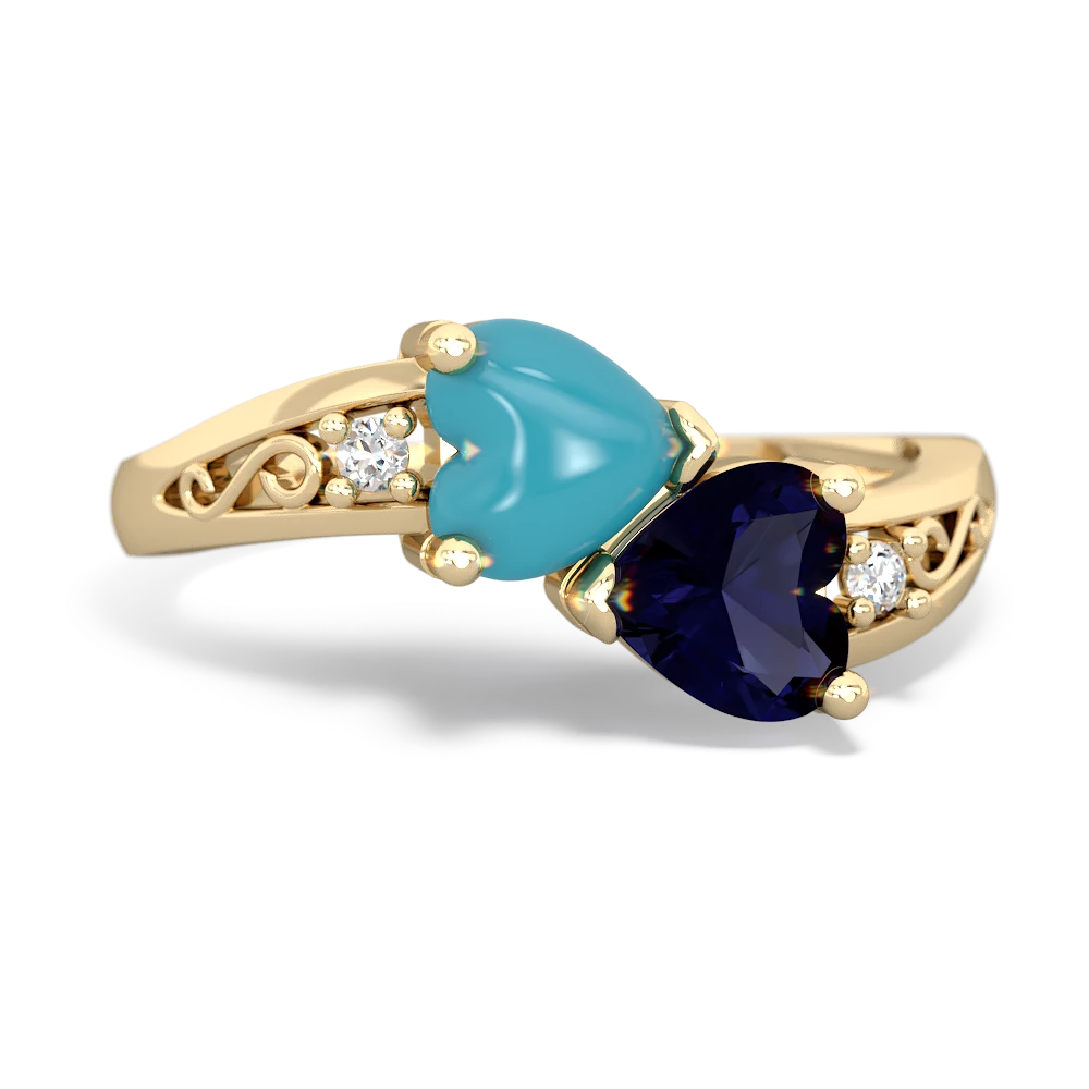 Turquoise Snuggling Hearts 14K Yellow Gold ring R2178