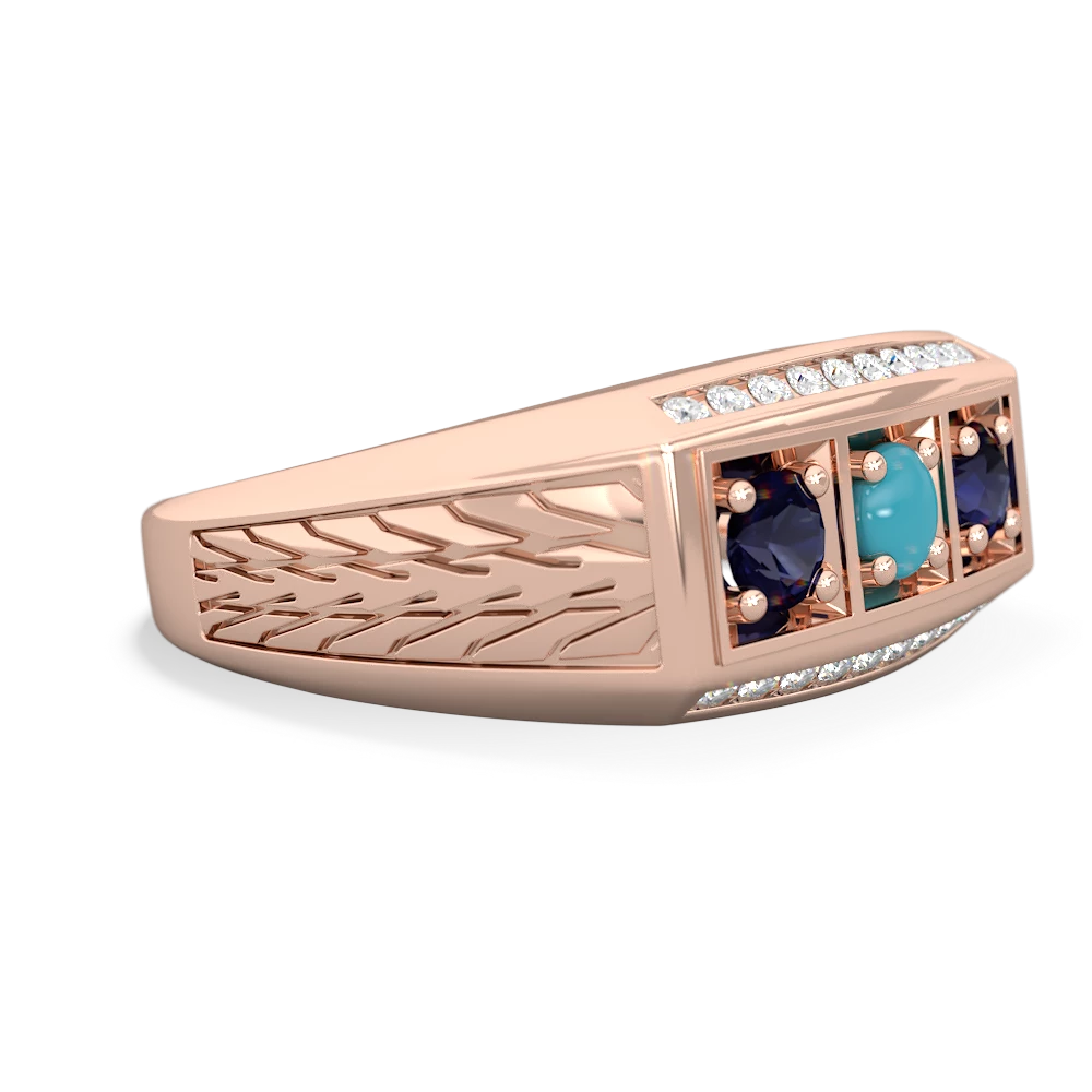 Turquoise Three Stone Tire Tread Men's 14K Rose Gold ring R0520