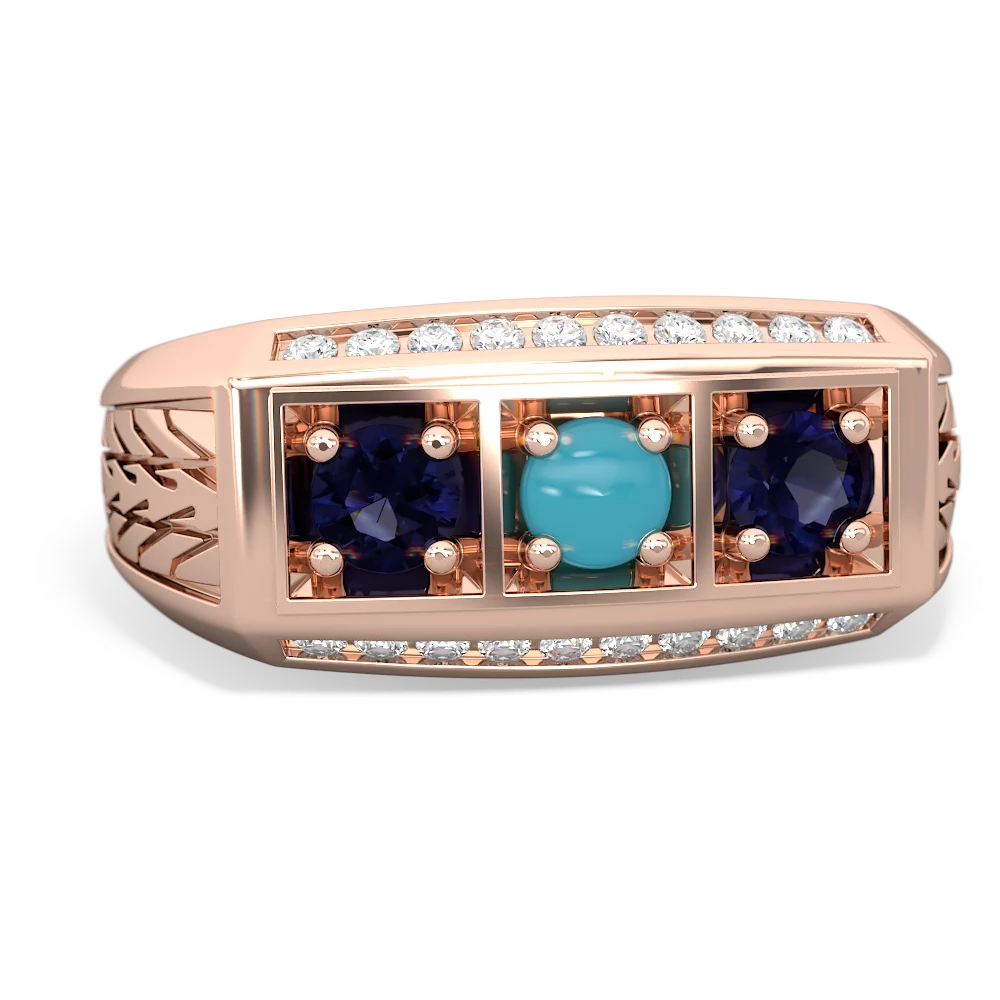 Turquoise Three Stone Tire Tread Men's 14K Rose Gold ring R0520