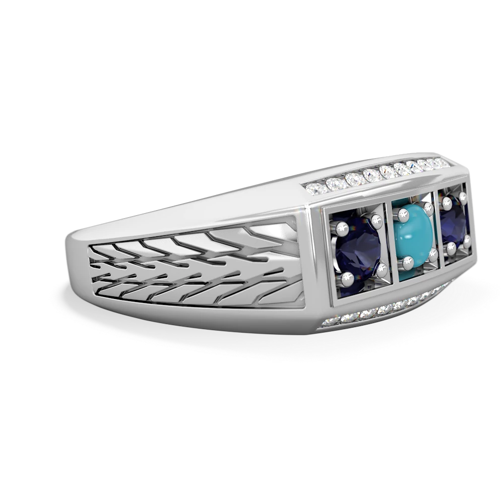 Turquoise Three Stone Tire Tread Men's 14K White Gold ring R0520