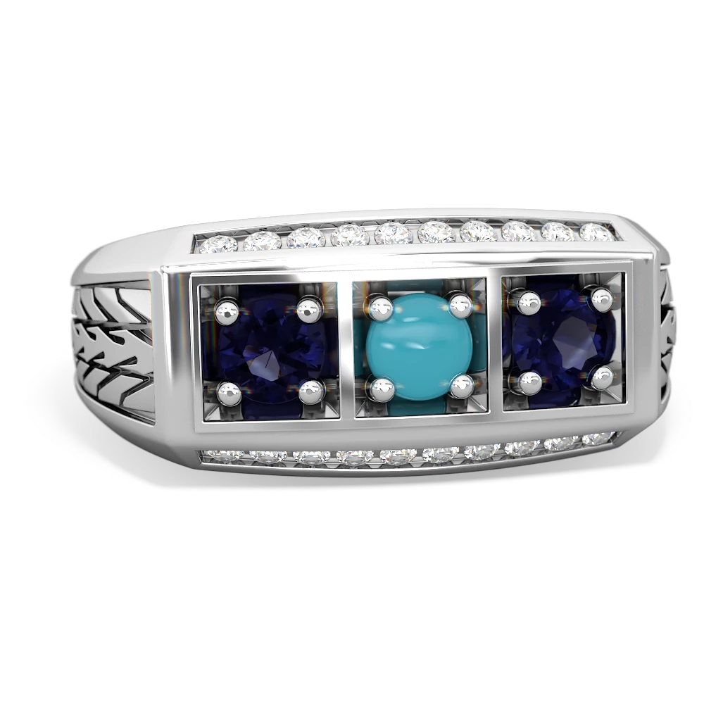 Turquoise Three Stone Tire Tread Men's 14K White Gold ring R0520