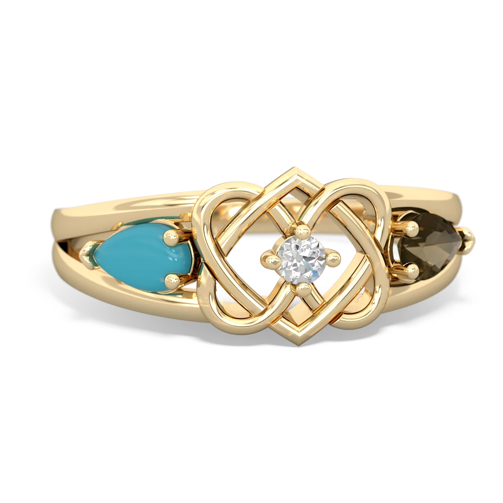 Turquoise Hearts Intertwined 14K Yellow Gold ring R5880