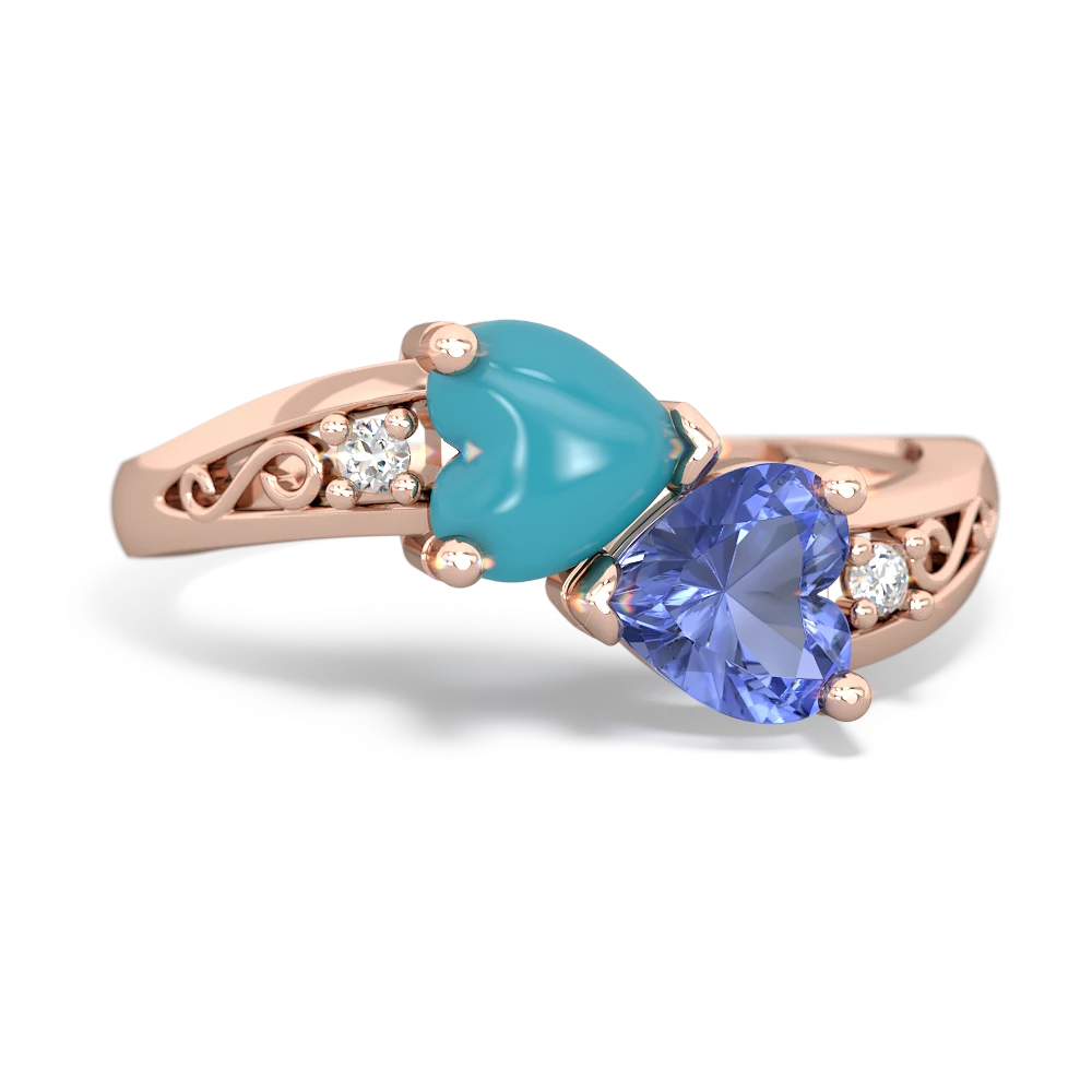 Turquoise Snuggling Hearts 14K Rose Gold ring R2178