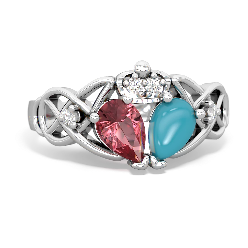 Turquoise 'One Heart' Celtic Knot Claddagh 14K White Gold ring R5322