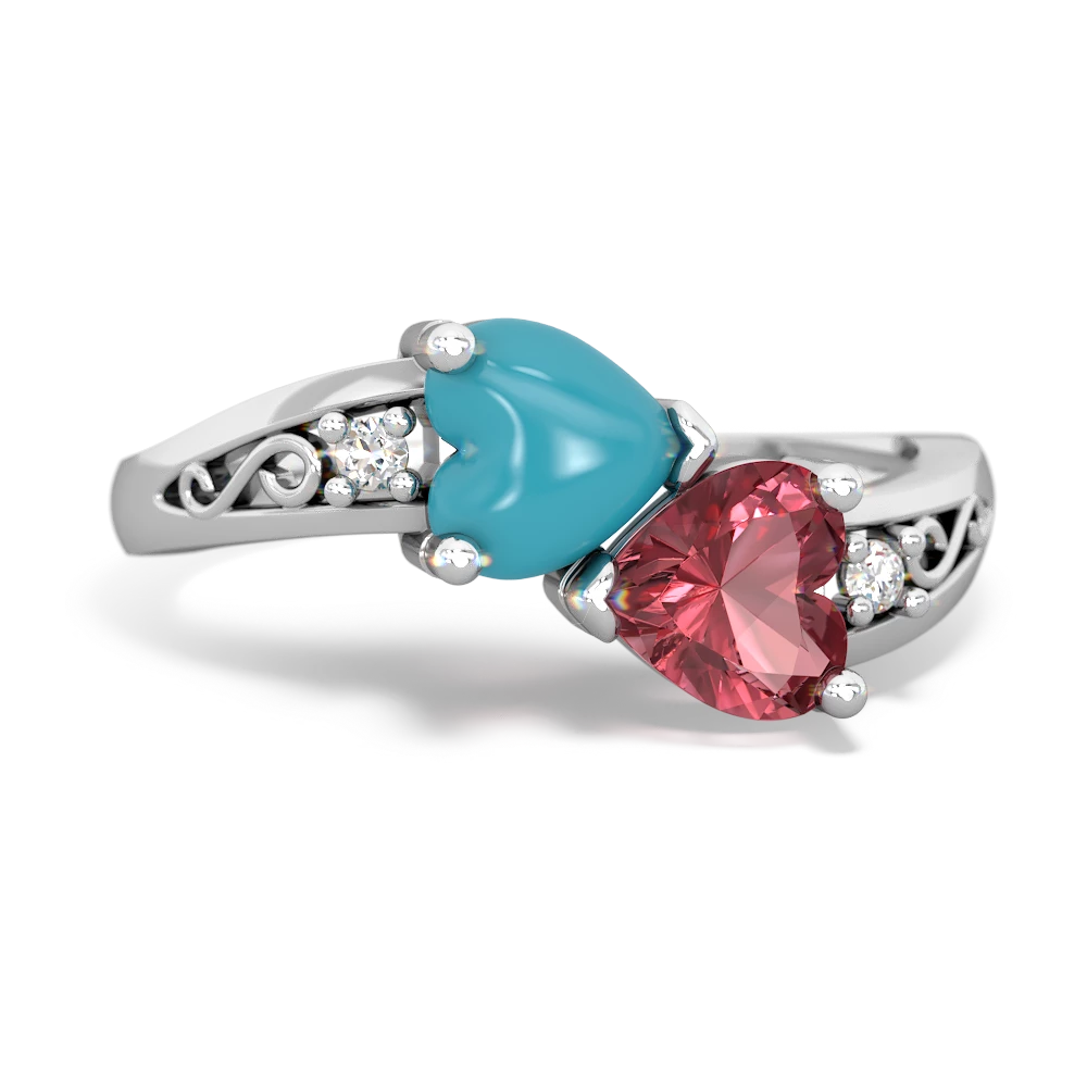 Turquoise Snuggling Hearts 14K White Gold ring R2178