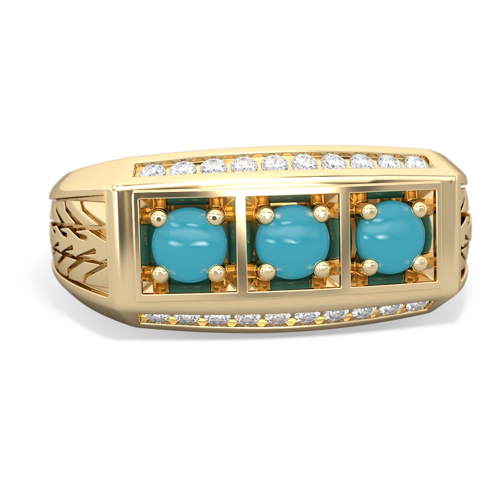 Aquamarine Three Stone Tire Tread Men's 14K Yellow Gold ring R0520