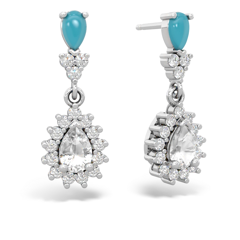 Turquoise Halo Pear Dangle 14K White Gold earrings E1882