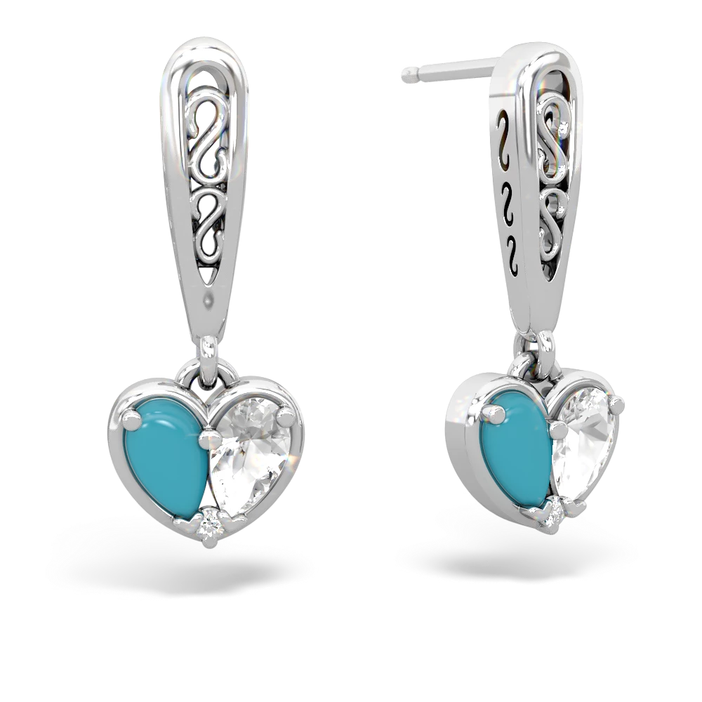 Turquoise Filligree Heart 14K White Gold earrings E5070