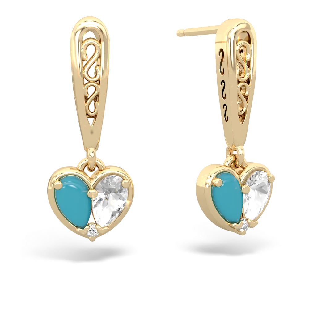 Turquoise Filligree Heart 14K Yellow Gold earrings E5070