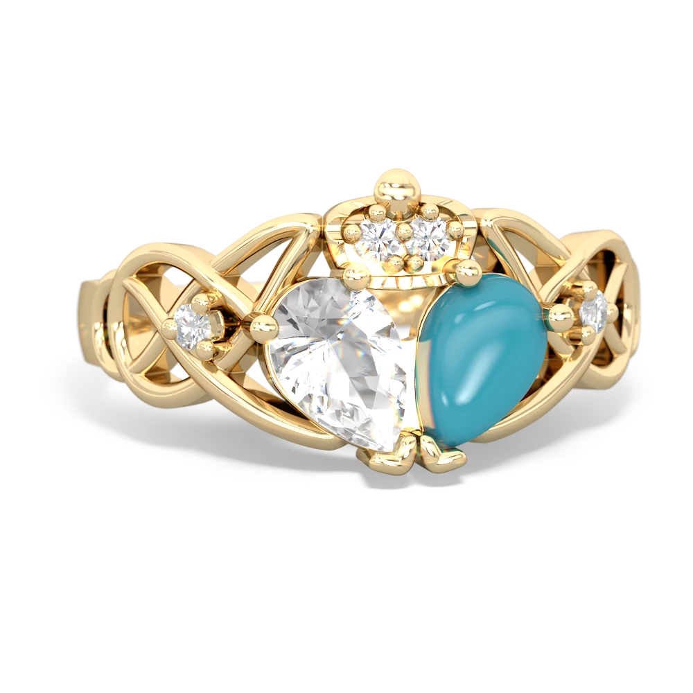 Turquoise 'One Heart' Celtic Knot Claddagh 14K Yellow Gold ring R5322