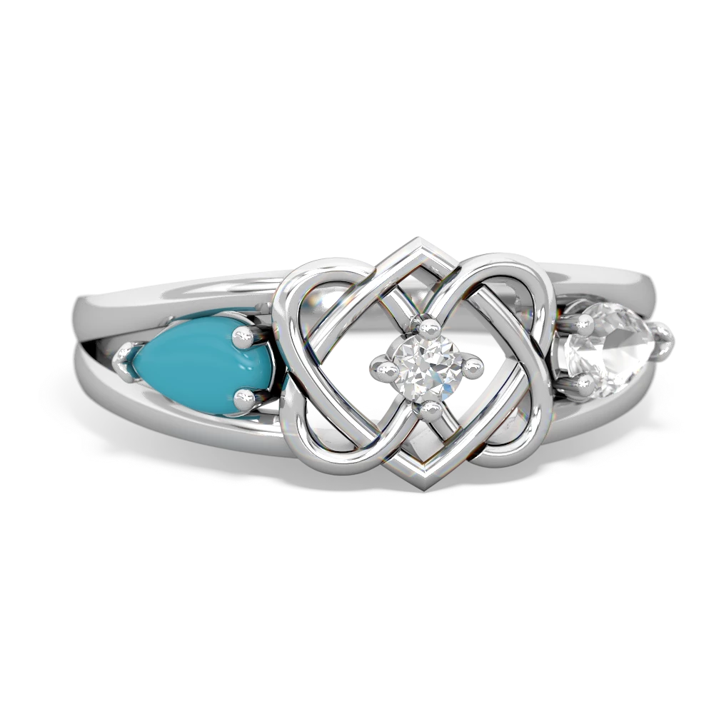 Turquoise Hearts Intertwined 14K White Gold ring R5880