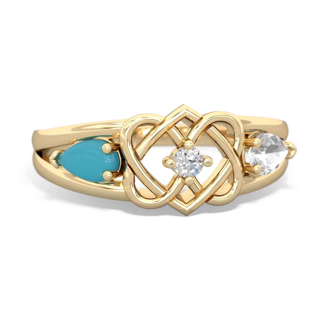 Turquoise Hearts Intertwined 14K Yellow Gold ring R5880