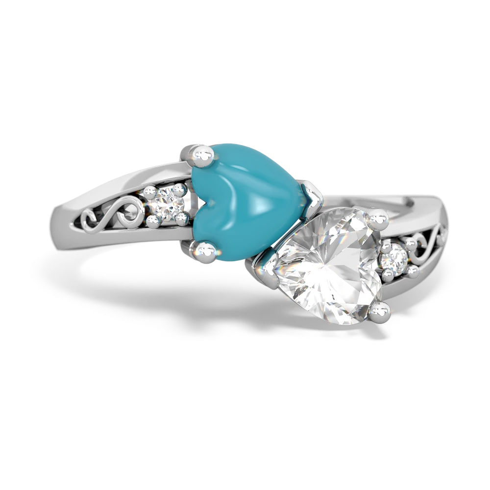 Turquoise Snuggling Hearts 14K White Gold ring R2178