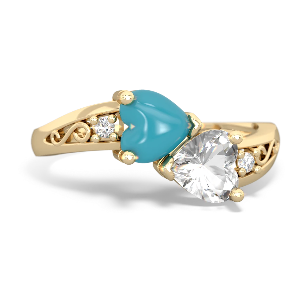 Turquoise Snuggling Hearts 14K Yellow Gold ring R2178