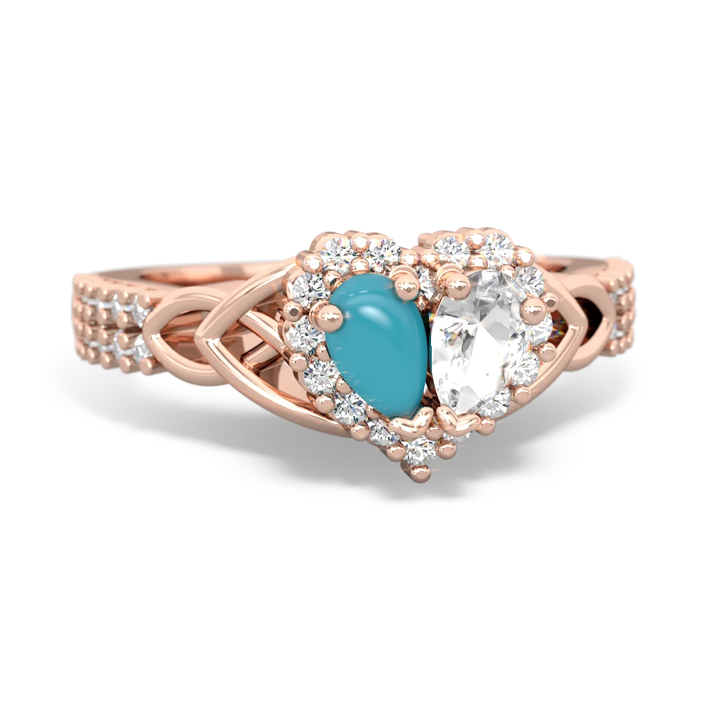 Turquoise Celtic Knot Two Hearts As One 14K Rose Gold ring R2644HRT