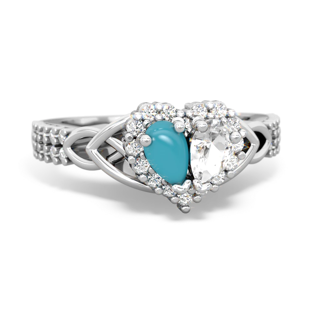 Turquoise Celtic Knot Two Hearts As One 14K White Gold ring R2644HRT