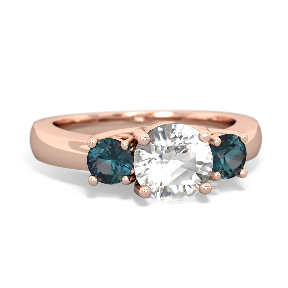 White Topaz Three Stone Round Trellis 14K Rose Gold ring R4018