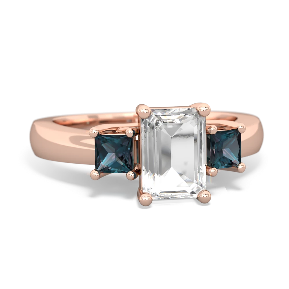 White Topaz Three Stone Emerald-Cut Trellis 14K Rose Gold ring R4021