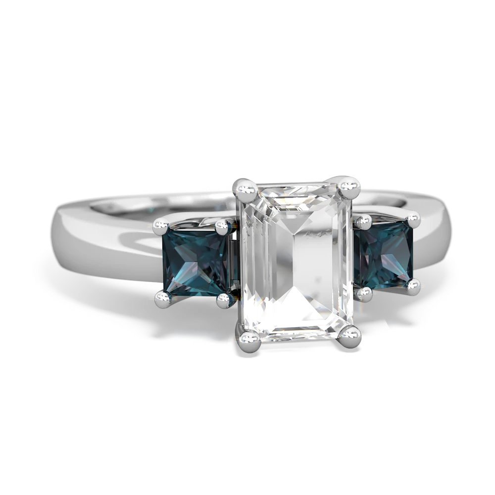 White Topaz Three Stone Emerald-Cut Trellis 14K White Gold ring R4021