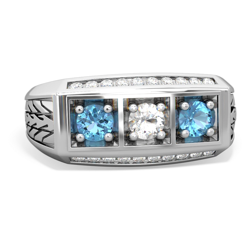 White Topaz Three Stone Tire Tread Men's 14K White Gold ring R0520