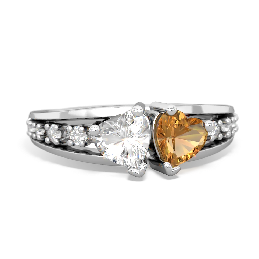 White Topaz Citrine Heart to Heart ring 14K White Gold JewelsForMe
