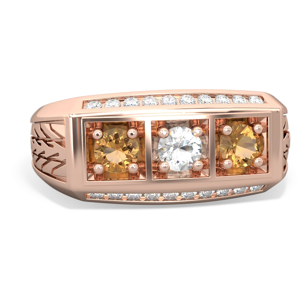 White Topaz Three Stone Tire Tread Men's 14K Rose Gold ring R0520