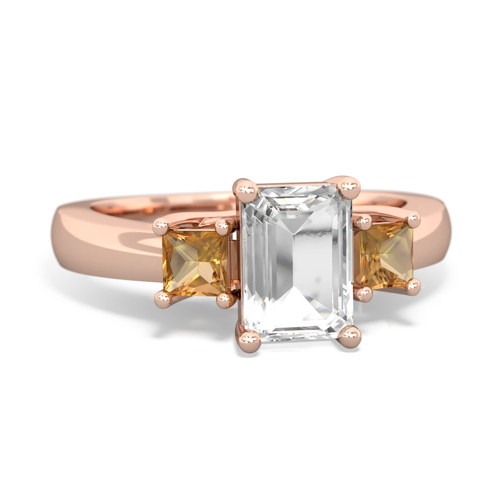 White Topaz Three Stone Emerald-Cut Trellis 14K Rose Gold ring R4021