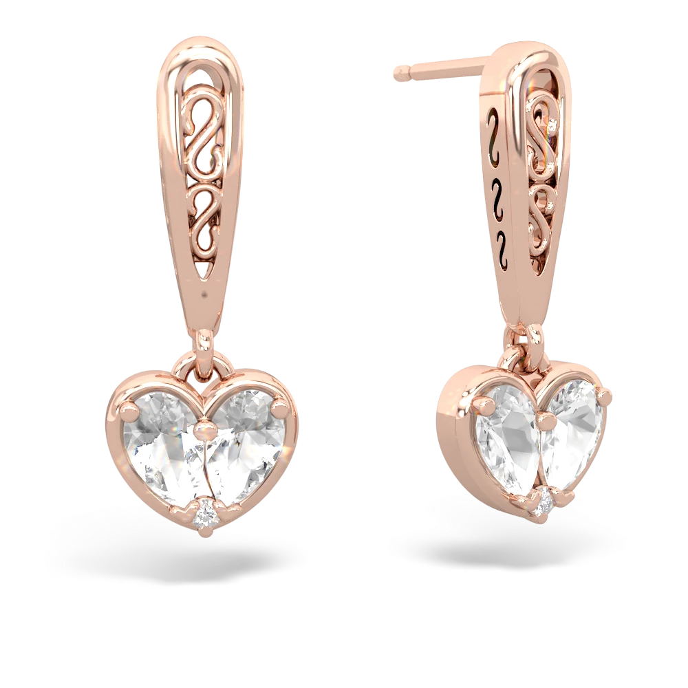 White Topaz Filligree Heart 14K Rose Gold earrings E5070