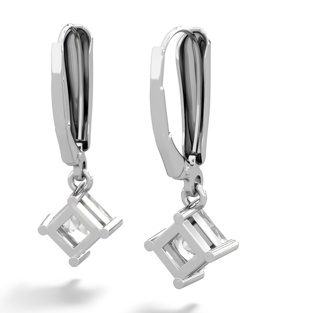 White Topaz 6Mm Princess Lever Back 14K White Gold earrings E2789