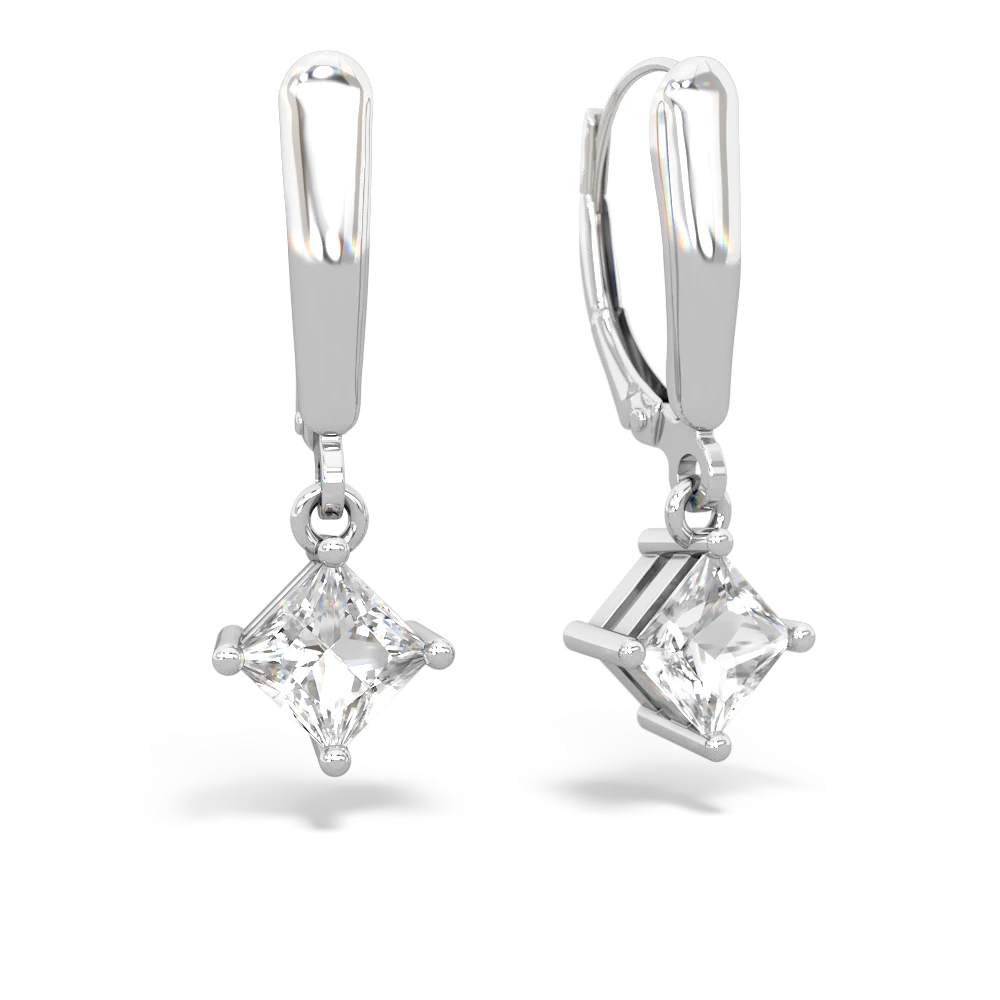White Topaz 6Mm Princess Lever Back 14K White Gold earrings E2789