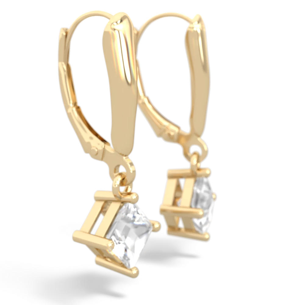 White Topaz 6Mm Princess Lever Back 14K Yellow Gold earrings E2789