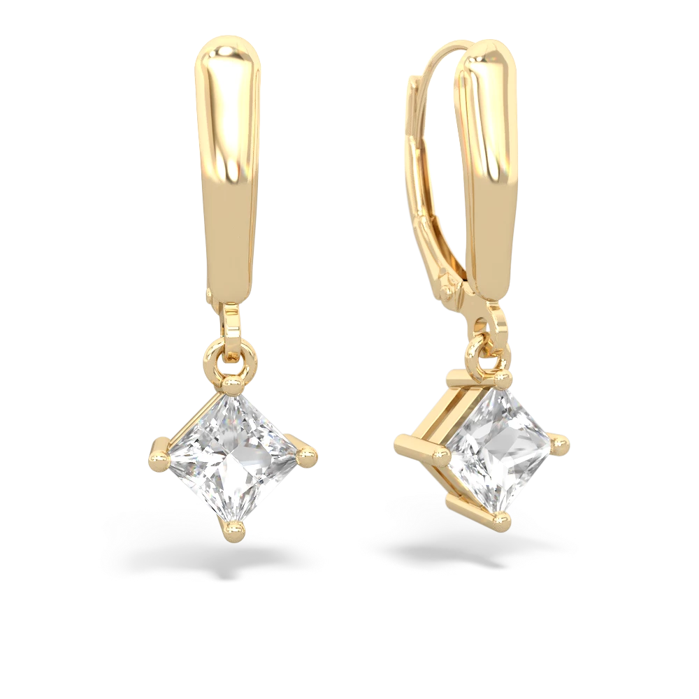 White Topaz 6Mm Princess Lever Back 14K Yellow Gold earrings E2789