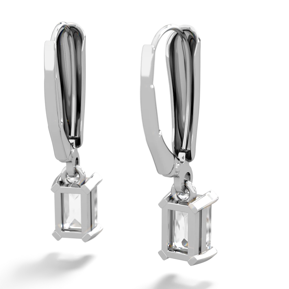 White Topaz 6X4mm Emerald-Cut Lever Back 14K White Gold earrings E2855