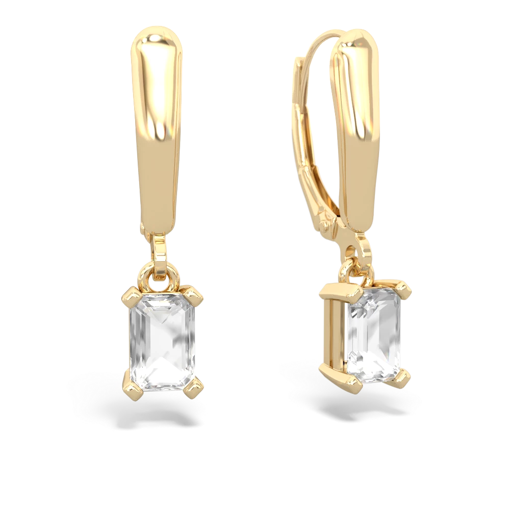 White Topaz 6X4mm Emerald-Cut Lever Back 14K Yellow Gold earrings E2855