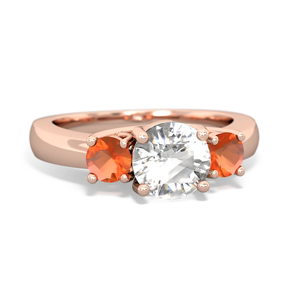 White Topaz Three Stone Round Trellis 14K Rose Gold ring R4018