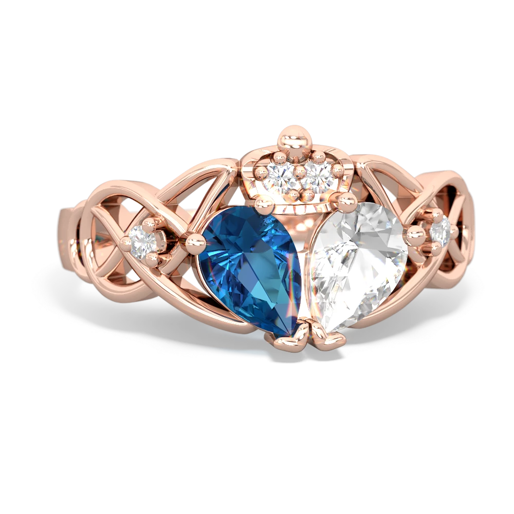 White Topaz 'One Heart' Celtic Knot Claddagh 14K Rose Gold ring R5322