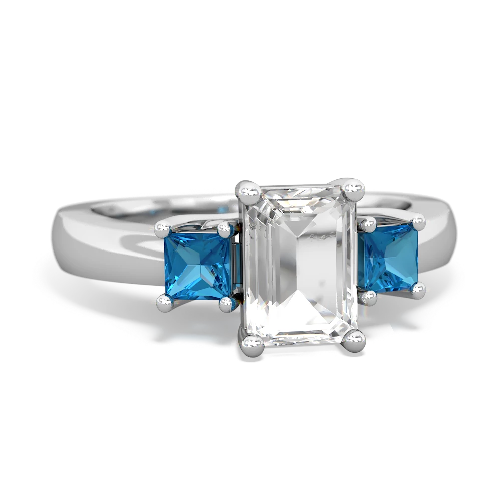 White Topaz Three Stone Emerald-Cut Trellis 14K White Gold ring R4021