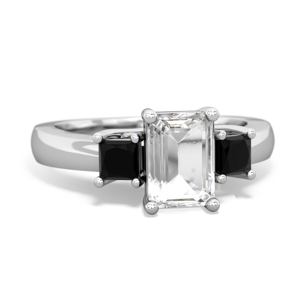 White Topaz Three Stone Emerald-Cut Trellis 14K White Gold ring R4021