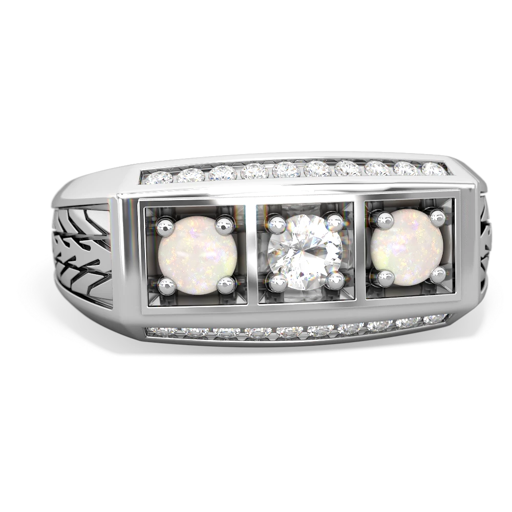 White Topaz Three Stone Tire Tread Men's 14K White Gold ring R0520