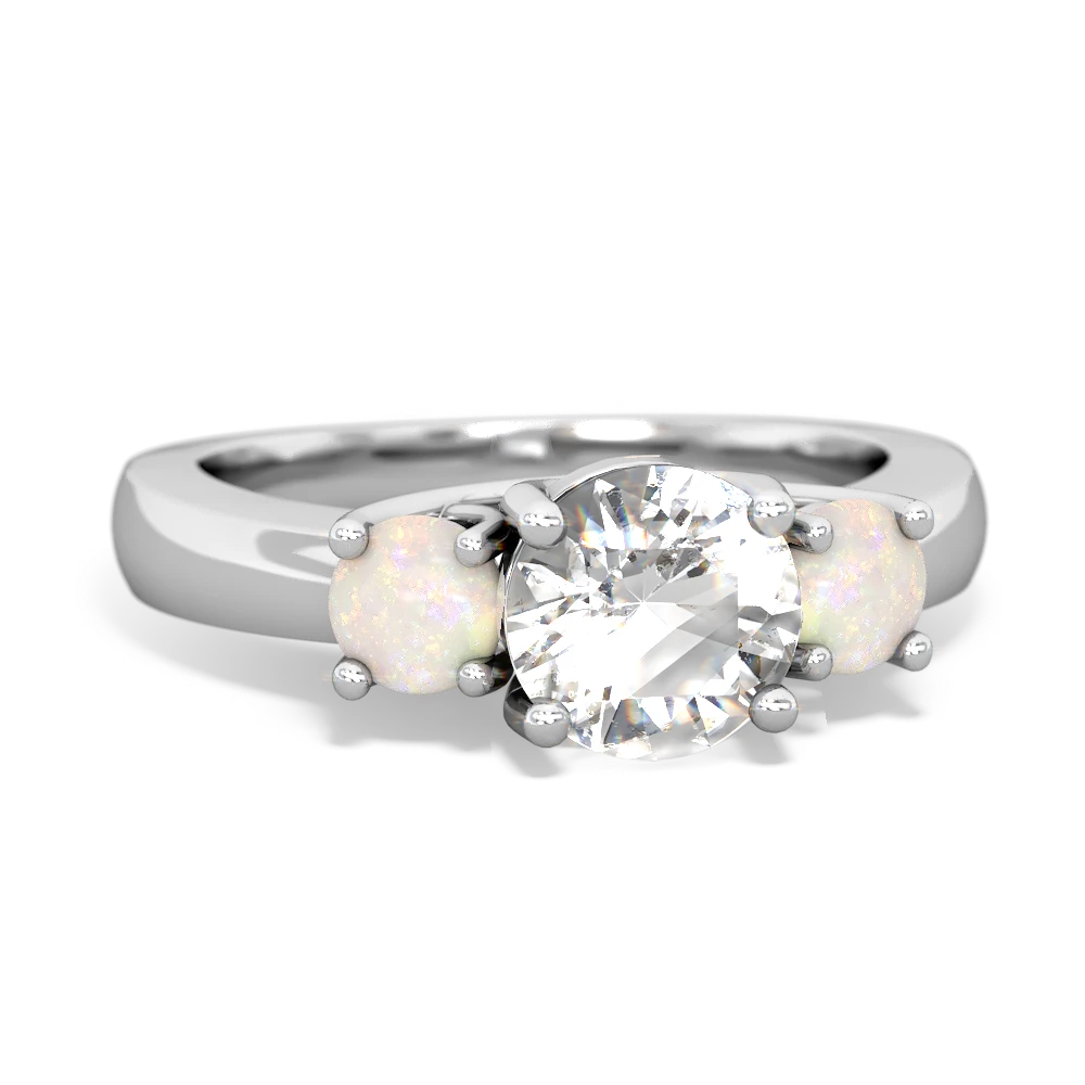 White Topaz Three Stone Round Trellis 14K White Gold ring R4018
