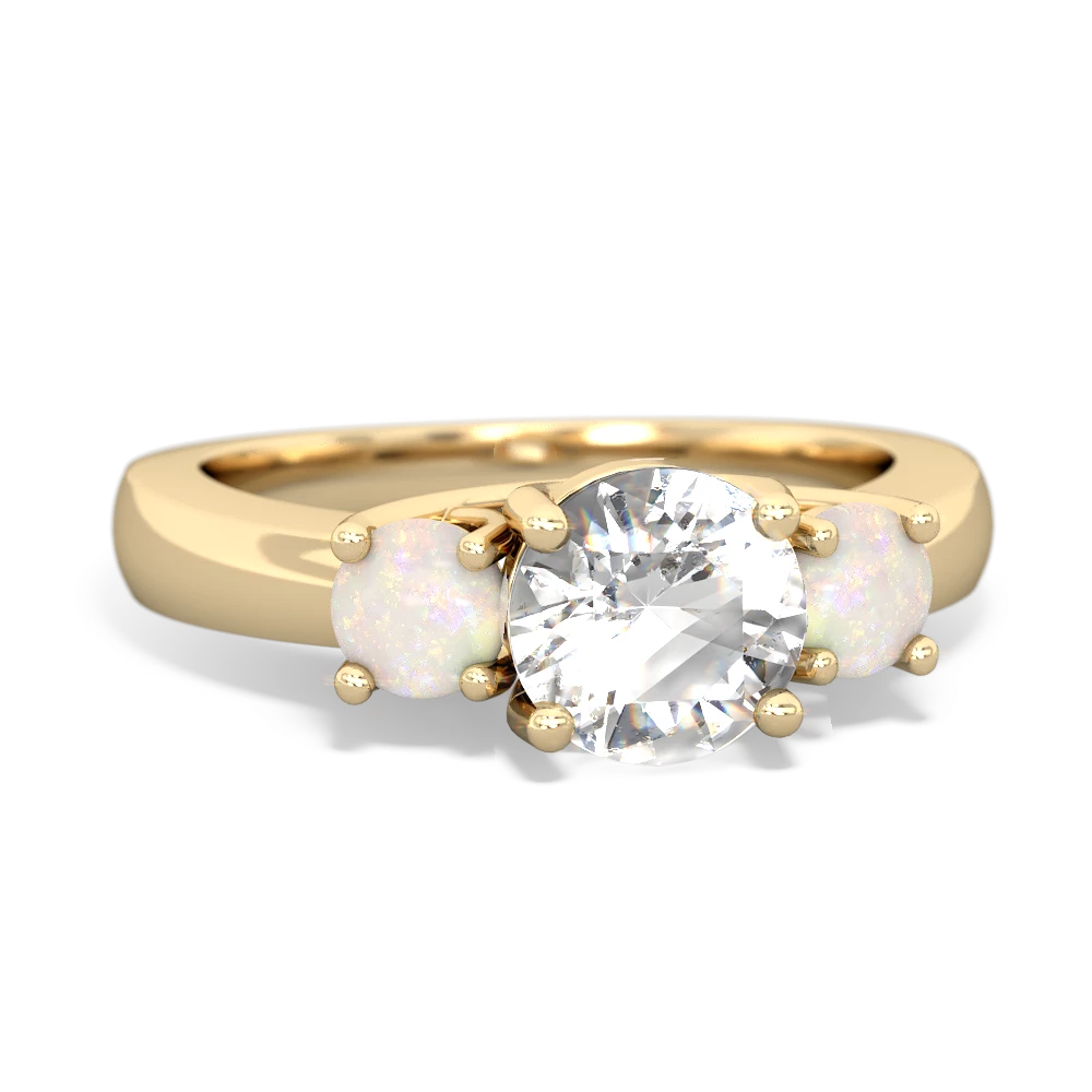 White Topaz Three Stone Round Trellis 14K Yellow Gold ring R4018