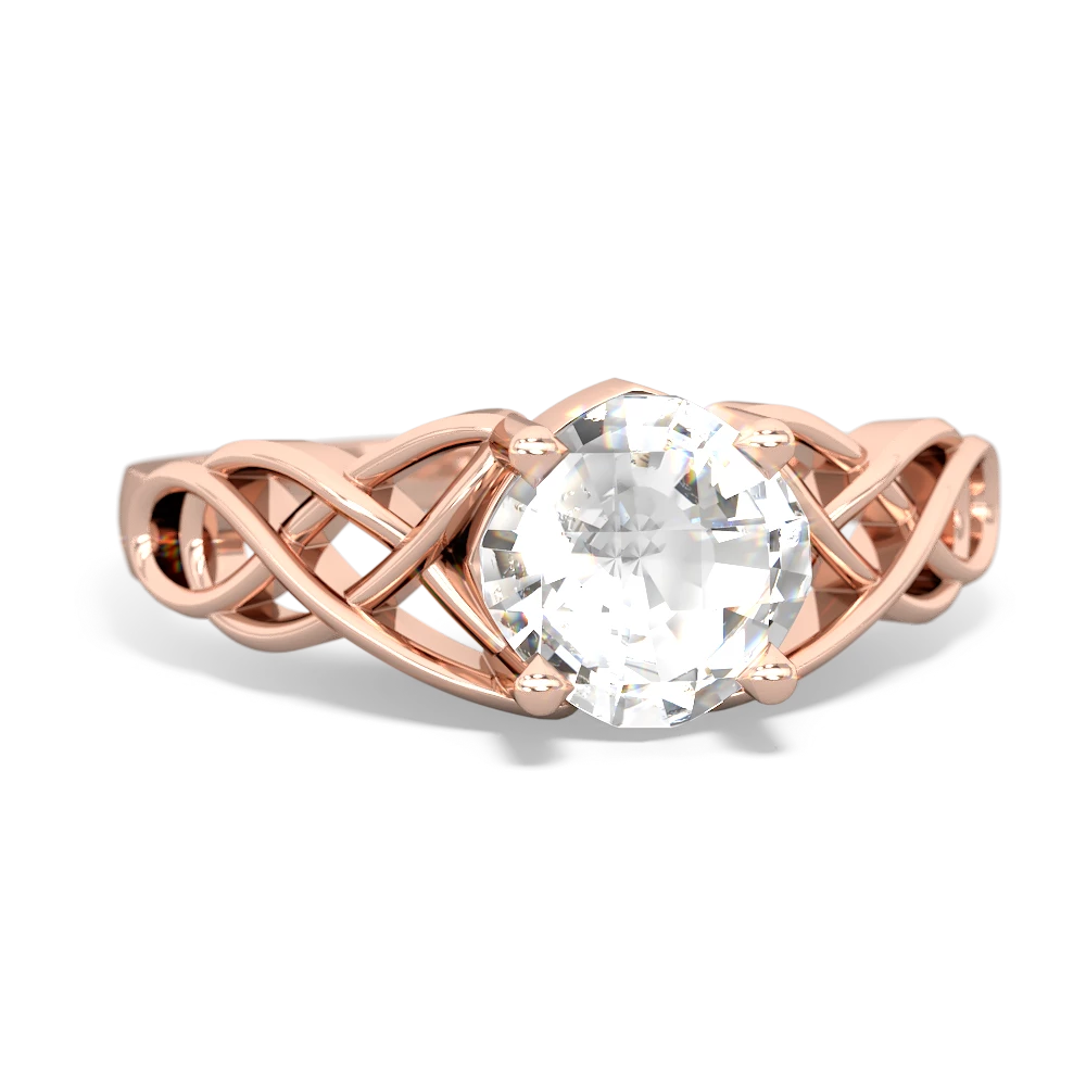 White Topaz Checkerboard Cushion Celtic Knot 14K Rose Gold ring R5000