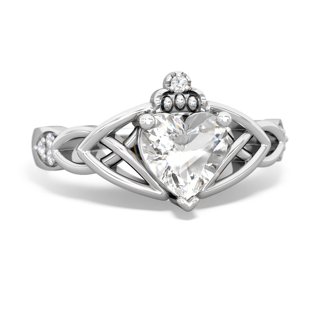 White Topaz Claddagh Celtic Knot Diamond 14K White Gold ring R5001