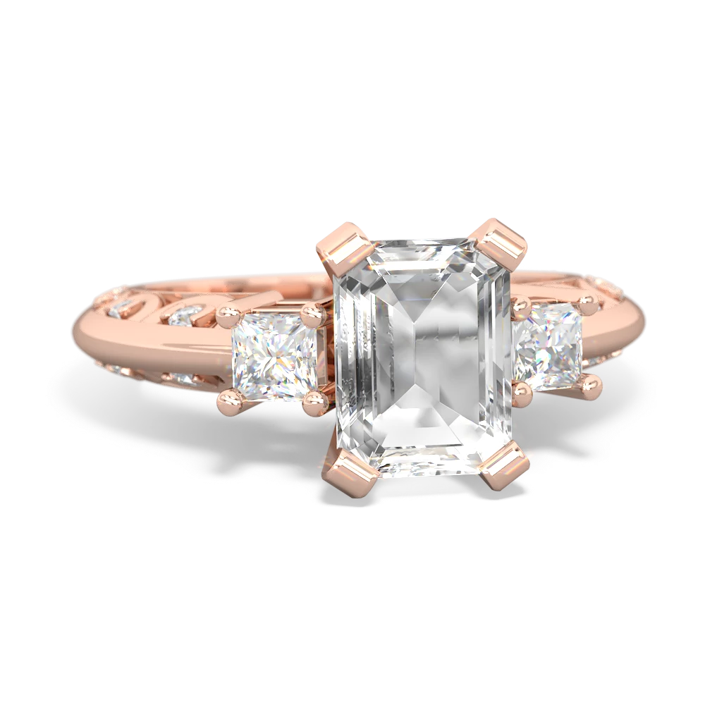 White Topaz Art Deco Diamond 8X6 Emerald-Cut Engagement 14K Rose Gold ring R20018EM