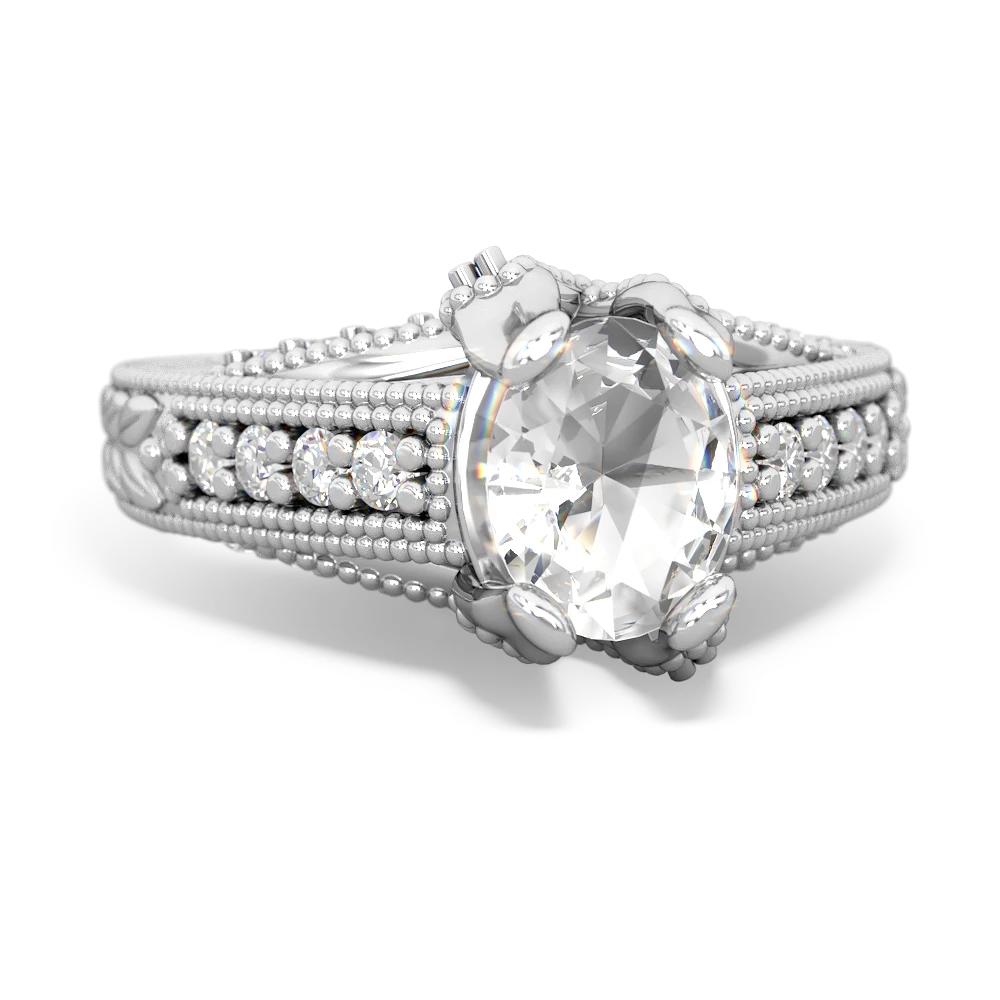 White Topaz Antique Style Milgrain Diamond 14K White Gold ring R2028
