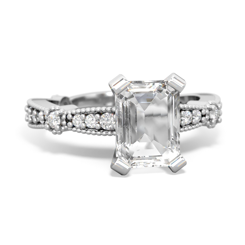 White Topaz Sparkling Tiara 8X6 Emerald-Cut 14K White Gold ring R26298EM